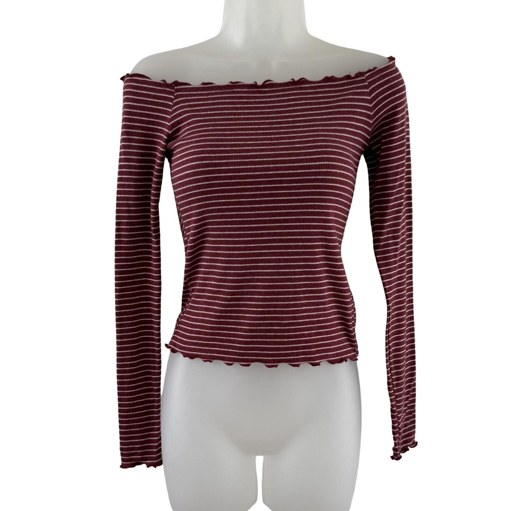 Y2K Hollister Off Shoulder Ribbed Striped Top Coquette Soft Grunge Medium Red